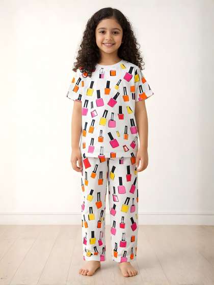 Anthrilo White Kids
                    Girls Nail Paint Short Sleeve Printed Cotton Night
                    Suit