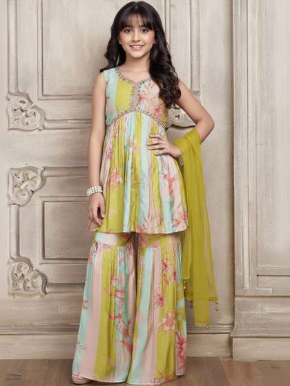 Wommaniya Impex Girls
                    Floral Printed Empire Gotta Patti Kurta with Sharara
                    & With Dupatta