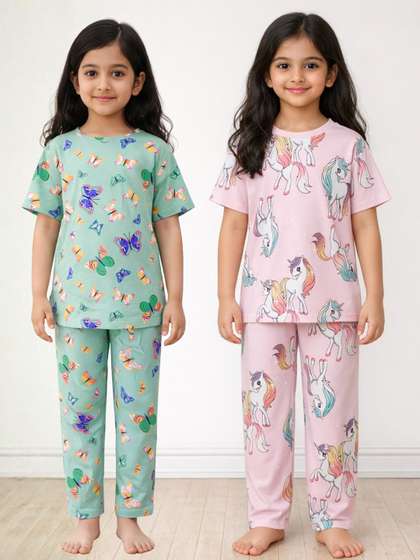 Anthrilo Pack of 2 Kids
                    Unicorn Star and Butterfly Short Sleeve Cotton Night
                    Suit