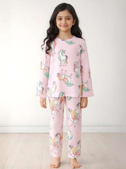 Anthrilo Pink Kids Girls
                    Unicorn Star Print Long Sleeve Cotton Night Suit