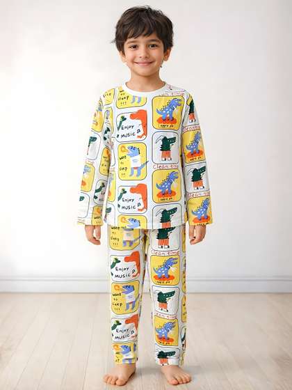 Anthrilo White Kids Boys
                    Dinosaur Stamp Long Sleeve Printed Cotton Night
                    Suit