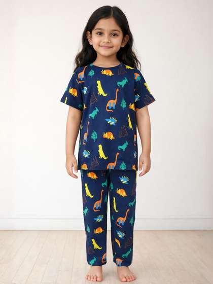 Anthrilo Navy Kids Girls
                    Dinosaur Fun Short Sleeve Cotton Night Suit Pyjama
                    Set