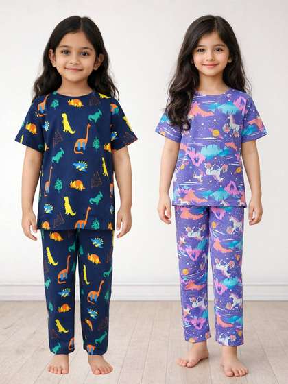 Anthrilo Pack of 2 Kids
                    Unicorn Planet and Dinosaur Short Sleeve Cotton
                    Night Suit