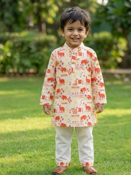 Desi Soota Boys Ethnic
                      Elephant Motif Printed Pure Cotton Kurta with
                      Pyjamas