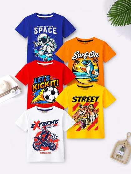 YK X Trampoline Boys
                    Pack of 5 Multicolour Graphic Printed T-Shirt