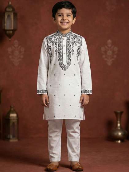 TAKE STYLE Boys Ethnic
                    Motifs Embroidered Regular Thread Work Pure Cotton
                    Kurta with Trousers