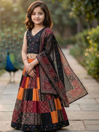 KALINI Girls Black &
                    Orange Printed Patchwork Lehenga Choli with Dupatta
