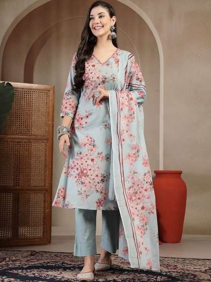 Anouk Women Floral
                        Printed Regular Pure Cotton Kurta with Trousers
                        & With Dupatta