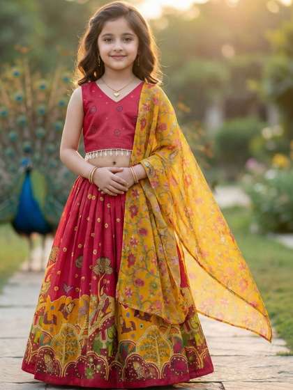 KALINI Girls
                      Embroidered Foil Print Ready to Wear Lehenga &
                      Blouse With Dupatta