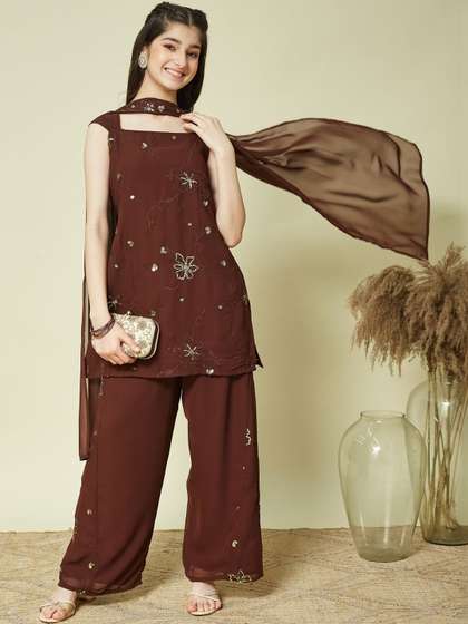 CurlyTales Girls
                      Georgette Embroidered Kurta and Sharara with
                      Dupatta Set