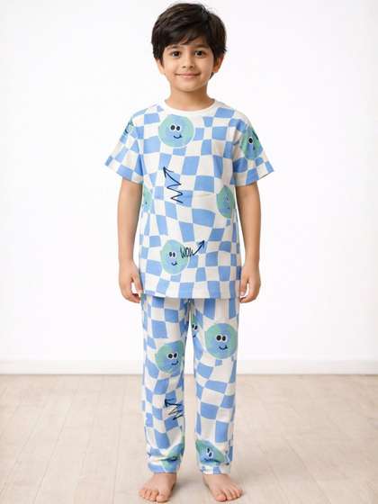 Anthrilo Kids Boys
                      Globe Check Print Pure Cotton Night Suit Set -
                      White