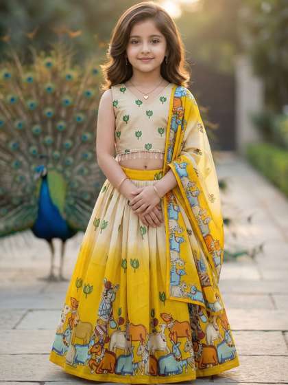 KALINI Kids Printed
                        Cow & Lotus Motif Printed Ready to Wear
                        Ethnic Lehenga Choli