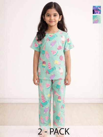 Anthrilo Pack of 2 Kids
                    Girls Ice Cream Unicorn Planet Short Sleeve Cotton
                    Night Suit