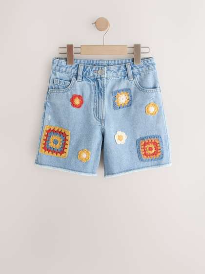 NEXT Girls Conversational Embroidery Washed Denim Shorts