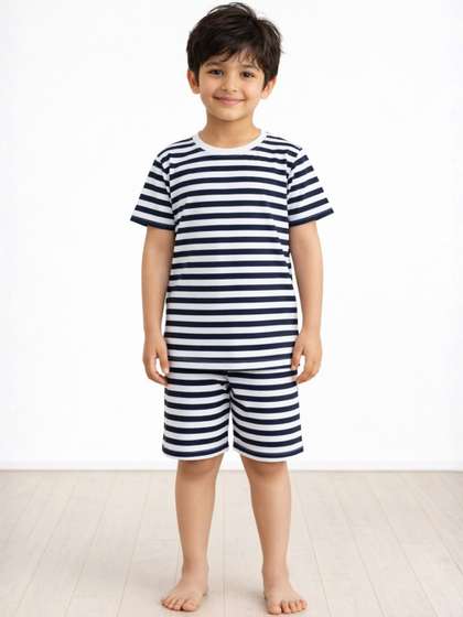 Anthrilo Kids Boys
                    Stripe Print Pure Cotton Nightsuit Sleepwear Short
                    Set - Navy White