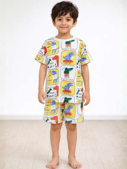 Anthrilo Kids Boys
                      Dinosaur Stamp Print Pure Cotton Nightsuit
                      Sleepwear Short Set - Yellow