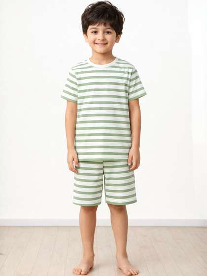 Anthrilo Kids Boys
                    Stripe Print Pure Cotton Nightsuit Sleepwear Short
                    Set - Green White