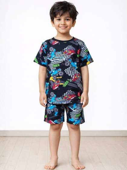 Anthrilo Kids Boys
                      Truck Print Pure Cotton Nightsuit Sleepwear Short
                      Set - Black Night