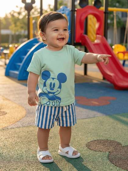Nauti Nati Boys Mickey
                    Mouse Printed Round Neck T-shirt With Shorts