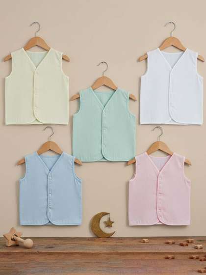 Baby Moo Solid V-Neck
                      Sleeveless Front Opening Button Cotton Jhablas 5
                      Pcs