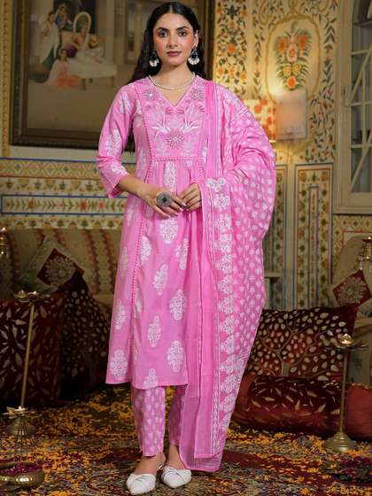 SANISA Women Ethnic
                        Motifs Printed Regular Pure Cotton Kurta with
                        Trousers & With Dupatta