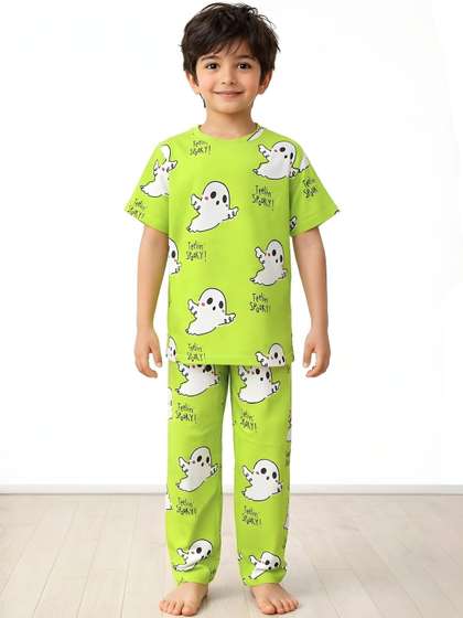 Anthrilo Kids Boys
                    Spooky Print Pure Cotton Night Suit Short Sleeve
                    Pyjama Set - Lime