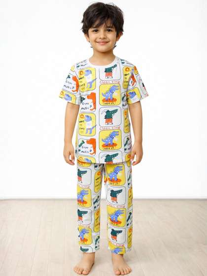 Anthrilo Kids Boys
                    Dinosaur Stamp Pure Cotton Night Suit Short Sleeve
                    Pyjama Set - Yellow