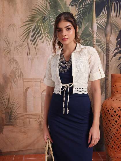 Sangria Ethnic
                        Embroidered Shirt Collar Sequinned Detail Tie-Up
                        Shrug