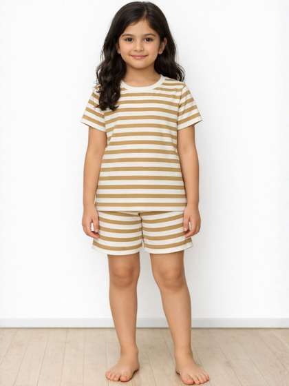 Anthrilo Kids Girls
                    Beige White Stripe Short Sleeve Pure Cotton
                    Sleepwear Night Suit