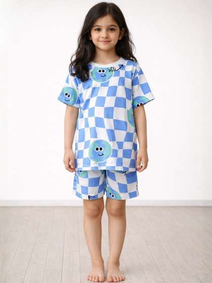 Anthrilo Kids Girls
                    Globe Check White Short Sleeve Pure Cotton Sleepwear
                    Night Suit