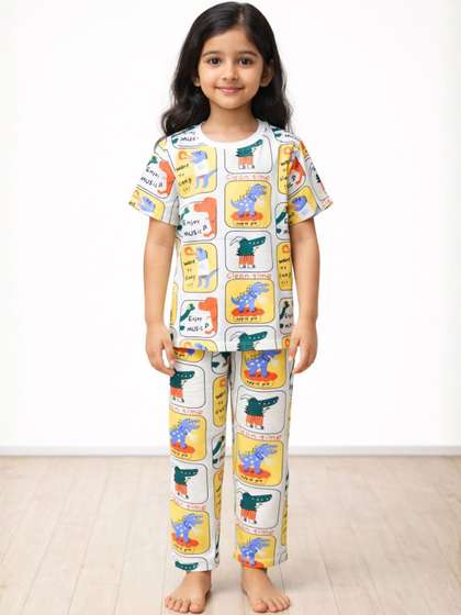 Anthrilo Kids Girls
                    Yellow Dinosaur Stamp Short Sleeve Pure Cotton Night
                    Suit Pyjama Set