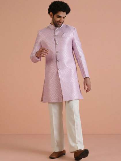 KISAH Floral
                          Embroidered Mandarin Collar Sherwani With Wide
                          Leg Trouser