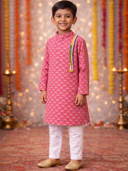 Pspeaches Boys Pink
                      Cotton Motif Kurta Pyjama Set