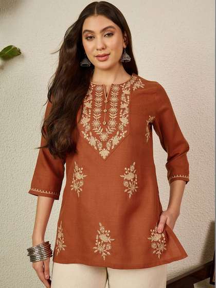Anouk Women's Rust
                        Embroidered Round Neck Fusion Wear Cotton Short
                        Kurti
