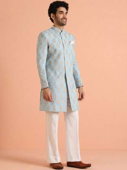 KISAH Printed
                        Mandarin Collar Pure Cotton Sherwani With Wide
                        Leg Trouser