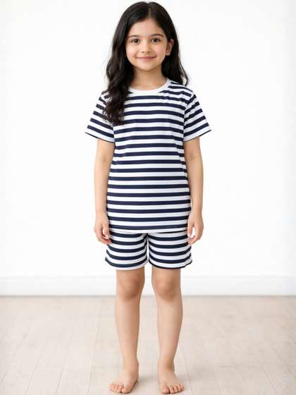 Anthrilo Kids Girls Navy
                    White Stripe Short Sleeve Pure Cotton Sleepwear
                    Night Suit