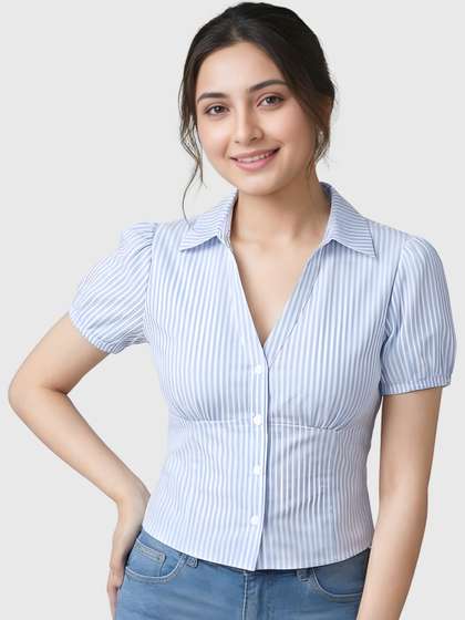 EZLIA Striped Puff
                      Sleeve Top