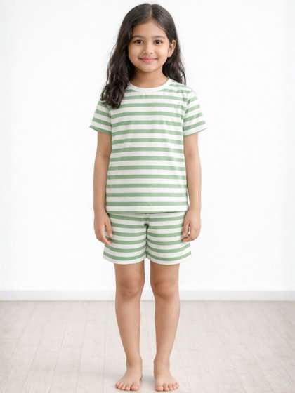 Anthrilo Kids Girls
                    Green White Stripe Short Sleeve Pure Cotton
                    Sleepwear Night Suit