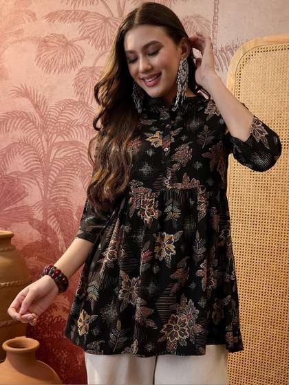 Sangria Floral
                          Printed Mandarin Collar A-Line Kurtis