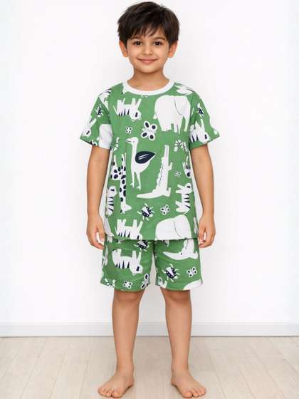 Anthrilo Kids Boys
                      Animal Print Pure Cotton Nightsuit Sleepwear Short
                      Set - Green Night