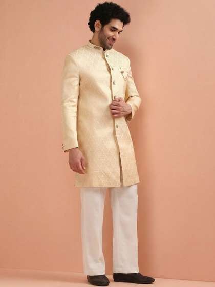 KISAH Floral Woven
                        Design Mandarin Collar Sherwani With Wide Leg
                        Trouser