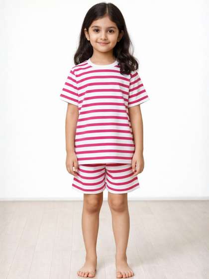 Anthrilo Kids Girls
                      Red White Stripe Short Sleeve Pure Cotton
                      Sleepwear Night Suit
