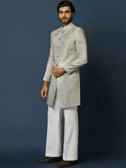 KISAH Floral Woven
                        Design Mandarin Collar Sherwani With Wide Leg
                        Trouser