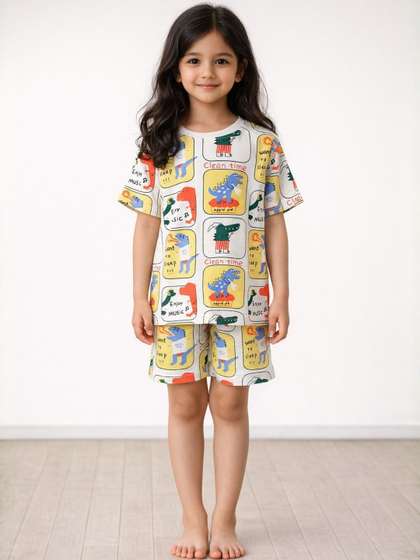 Anthrilo Kids Girls
                    Dinosaur Stamp White Short Sleeve Pure Cotton
                    Sleepwear Night Suit