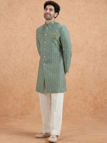 KISAH Floral Woven
                          Design Mandarin Collar Sherwani With Wide Leg
                          Trouser