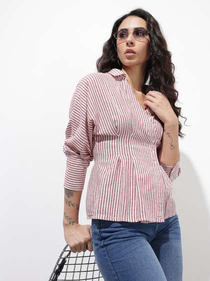 The Roadster Life
                          Co. Striped Cuffed Sleeves Pure Cotton Shirt
                          Style Top