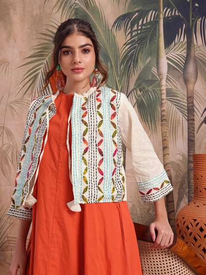 Sangria Ethnic
                        Embroidered Mandarin Collar Tie-Up Shrug