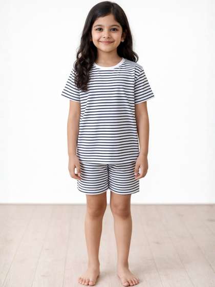 Anthrilo Kids Girls
                      Black White Stripe Short Sleeve Pure Cotton
                      Sleepwear Night Suit