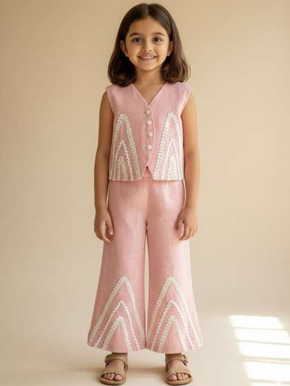 THE WISHING CLOSET
                        Girls Embellished V-Neck Pure Cotton Top With
                        Trousers