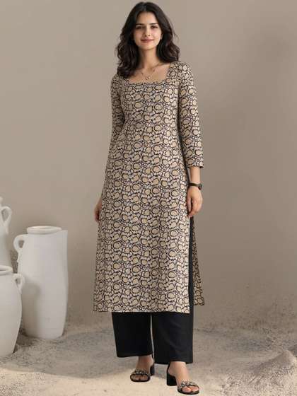 swingal Women Pure
                        Cotton Black Kalamkari Hand Block Printed
                        Straight Long Kurta